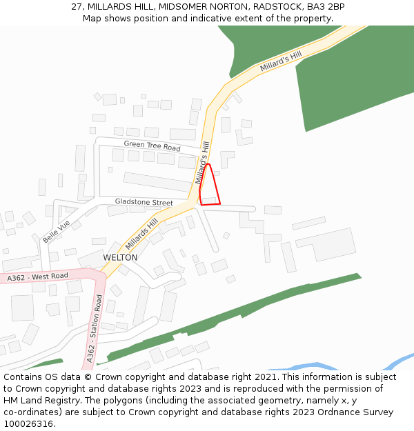 27, MILLARDS HILL, MIDSOMER NORTON, RADSTOCK, BA3 2BP: Location map and indicative extent of plot