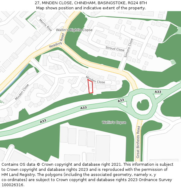 27, MINDEN CLOSE, CHINEHAM, BASINGSTOKE, RG24 8TH: Location map and indicative extent of plot