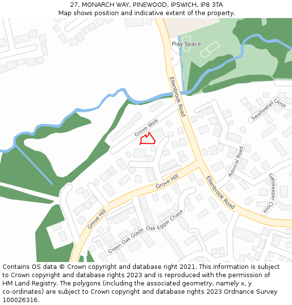 27, MONARCH WAY, PINEWOOD, IPSWICH, IP8 3TA: Location map and indicative extent of plot