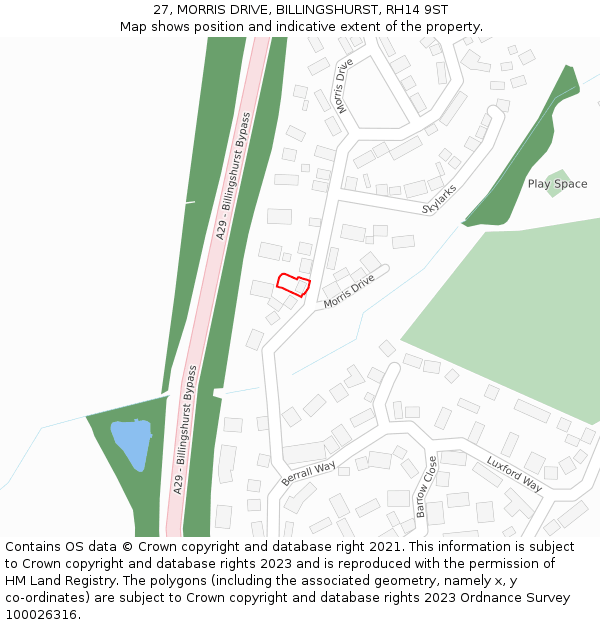 27, MORRIS DRIVE, BILLINGSHURST, RH14 9ST: Location map and indicative extent of plot