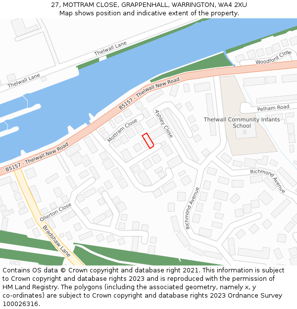 27, MOTTRAM CLOSE, GRAPPENHALL, WARRINGTON, WA4 2XU: Location map and indicative extent of plot