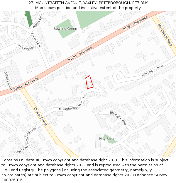 27, MOUNTBATTEN AVENUE, YAXLEY, PETERBOROUGH, PE7 3NY: Location map and indicative extent of plot