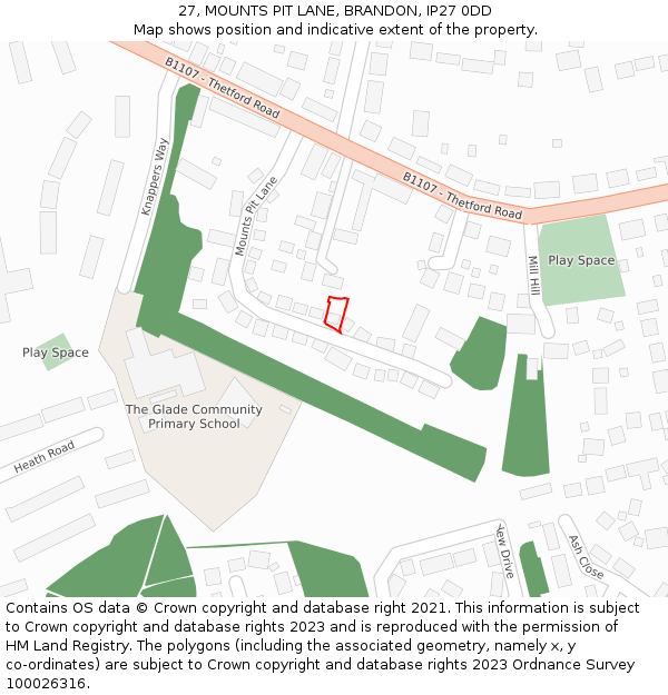 27, MOUNTS PIT LANE, BRANDON, IP27 0DD: Location map and indicative extent of plot