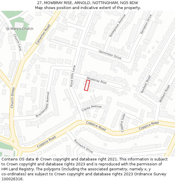 27, MOWBRAY RISE, ARNOLD, NOTTINGHAM, NG5 8DW: Location map and indicative extent of plot