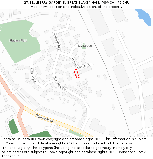 27, MULBERRY GARDENS, GREAT BLAKENHAM, IPSWICH, IP6 0HU: Location map and indicative extent of plot