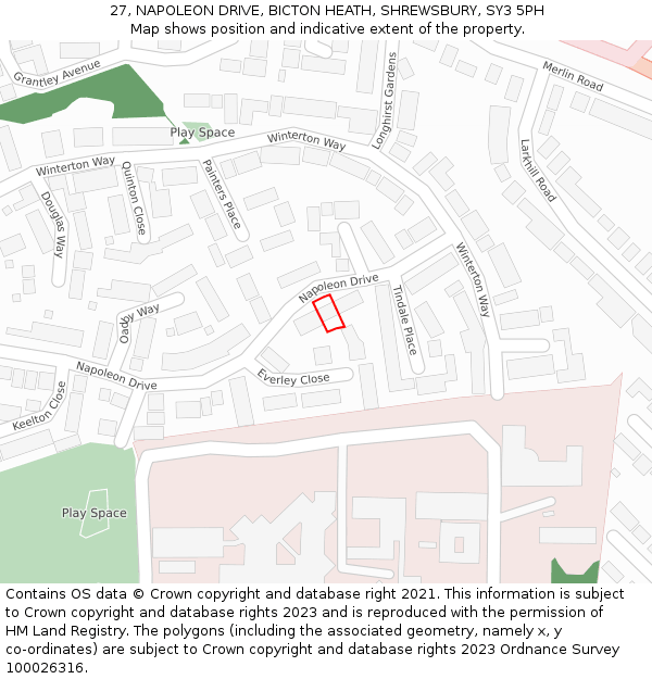 27, NAPOLEON DRIVE, BICTON HEATH, SHREWSBURY, SY3 5PH: Location map and indicative extent of plot