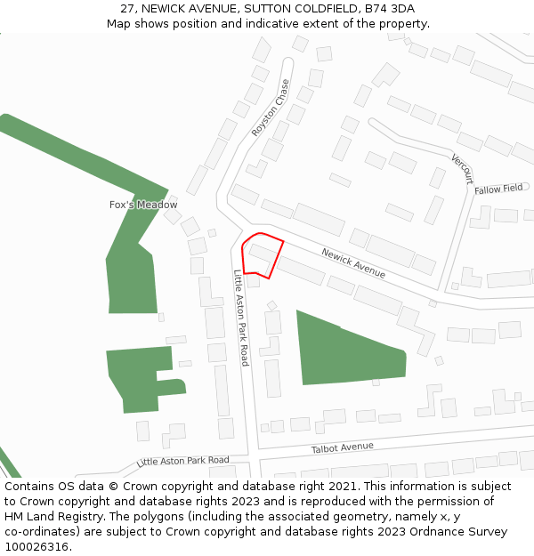 27, NEWICK AVENUE, SUTTON COLDFIELD, B74 3DA: Location map and indicative extent of plot