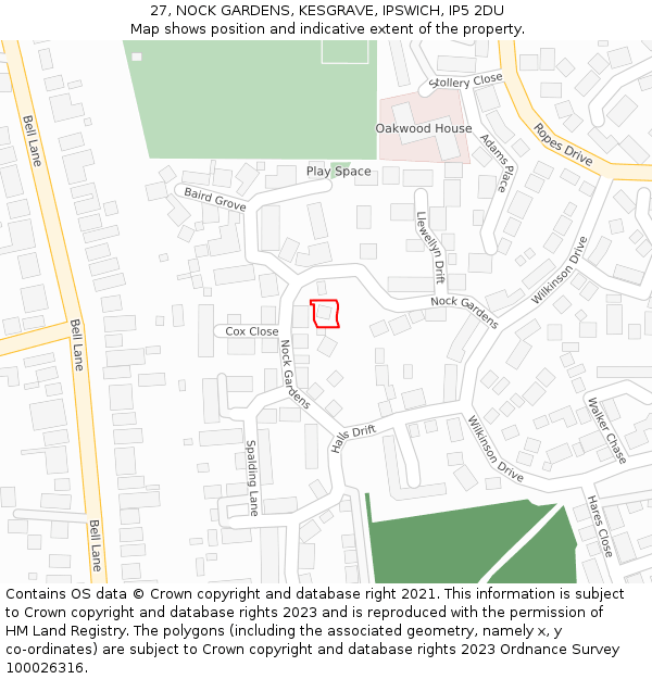 27, NOCK GARDENS, KESGRAVE, IPSWICH, IP5 2DU: Location map and indicative extent of plot