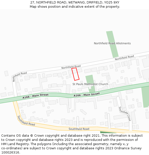 27, NORTHFIELD ROAD, WETWANG, DRIFFIELD, YO25 9XY: Location map and indicative extent of plot