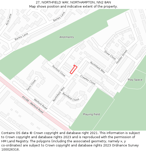 27, NORTHFIELD WAY, NORTHAMPTON, NN2 8AN: Location map and indicative extent of plot
