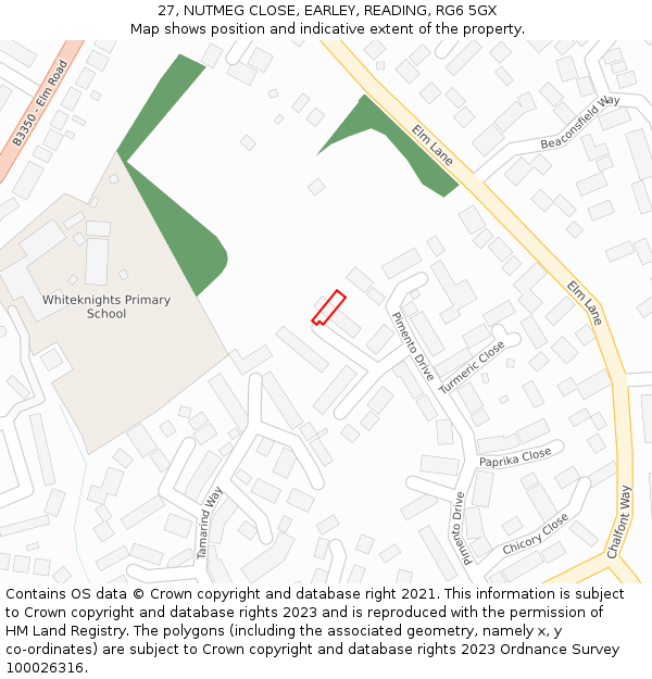 27, NUTMEG CLOSE, EARLEY, READING, RG6 5GX: Location map and indicative extent of plot