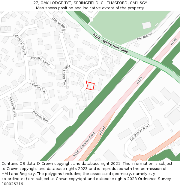 27, OAK LODGE TYE, SPRINGFIELD, CHELMSFORD, CM1 6GY: Location map and indicative extent of plot