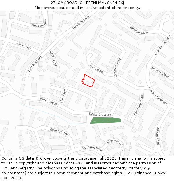 27, OAK ROAD, CHIPPENHAM, SN14 0XJ: Location map and indicative extent of plot