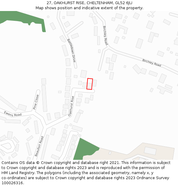 27, OAKHURST RISE, CHELTENHAM, GL52 6JU: Location map and indicative extent of plot