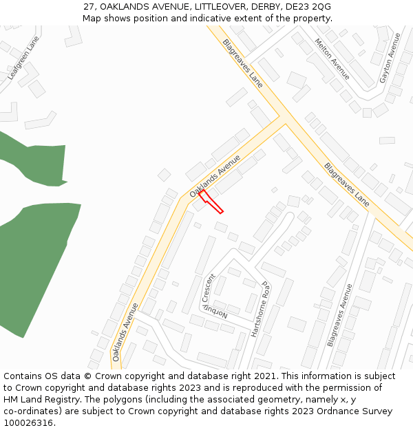 27, OAKLANDS AVENUE, LITTLEOVER, DERBY, DE23 2QG: Location map and indicative extent of plot