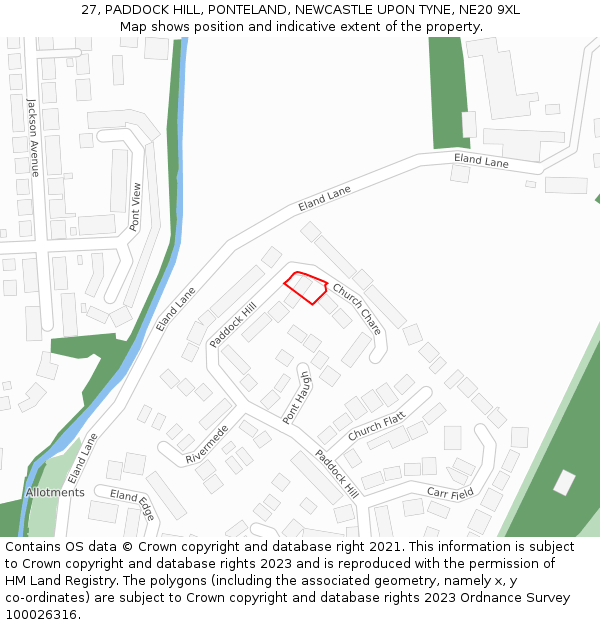 27, PADDOCK HILL, PONTELAND, NEWCASTLE UPON TYNE, NE20 9XL: Location map and indicative extent of plot