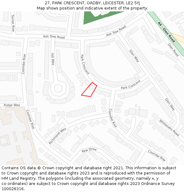 27, PARK CRESCENT, OADBY, LEICESTER, LE2 5YJ: Location map and indicative extent of plot