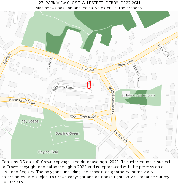27, PARK VIEW CLOSE, ALLESTREE, DERBY, DE22 2GH: Location map and indicative extent of plot