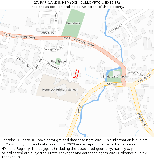 27, PARKLANDS, HEMYOCK, CULLOMPTON, EX15 3RY: Location map and indicative extent of plot