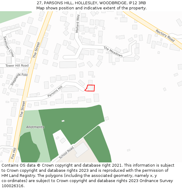 27, PARSONS HILL, HOLLESLEY, WOODBRIDGE, IP12 3RB: Location map and indicative extent of plot