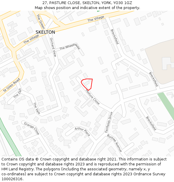 27, PASTURE CLOSE, SKELTON, YORK, YO30 1GZ: Location map and indicative extent of plot