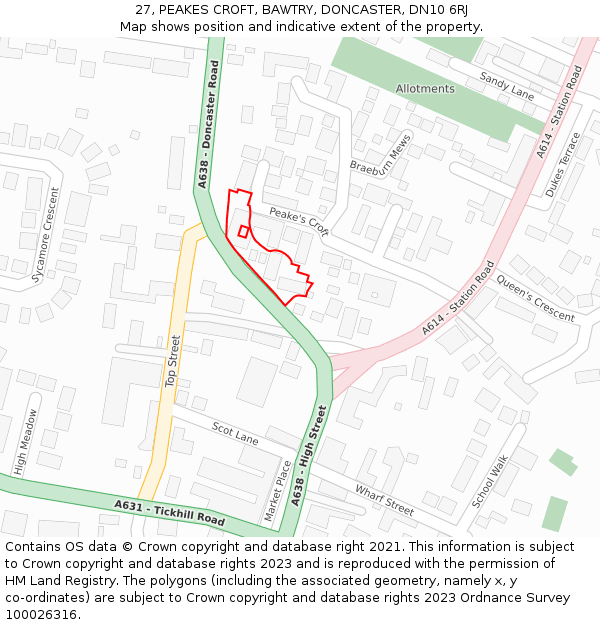 27, PEAKES CROFT, BAWTRY, DONCASTER, DN10 6RJ: Location map and indicative extent of plot
