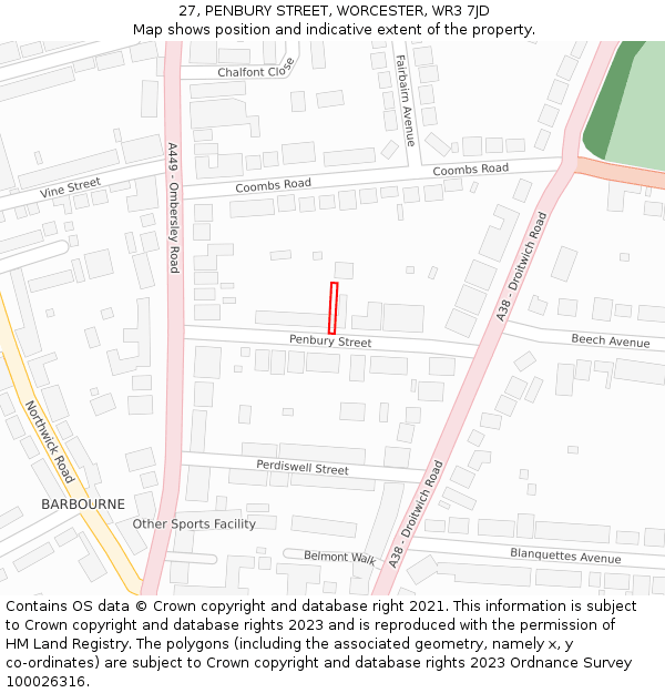 27, PENBURY STREET, WORCESTER, WR3 7JD: Location map and indicative extent of plot