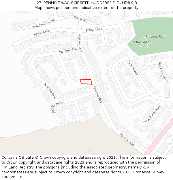 27, PENNINE WAY, SCISSETT, HUDDERSFIELD, HD8 9JB: Location map and indicative extent of plot