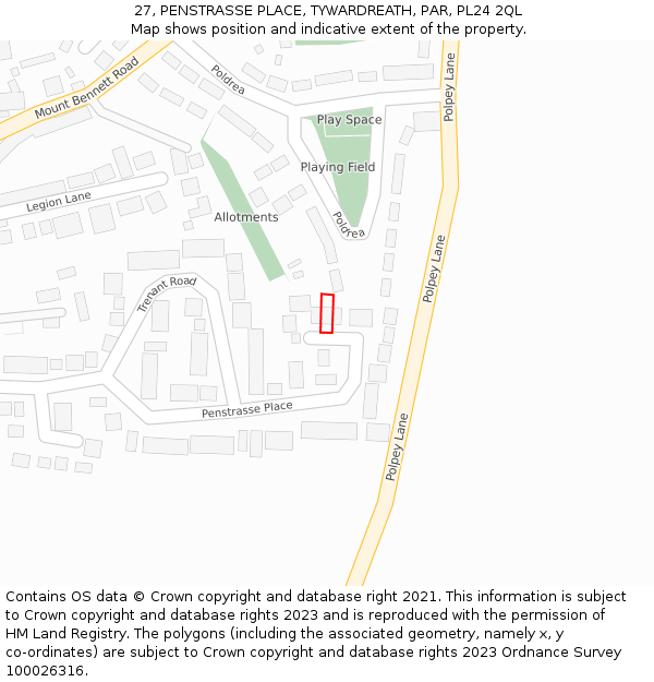 27, PENSTRASSE PLACE, TYWARDREATH, PAR, PL24 2QL: Location map and indicative extent of plot