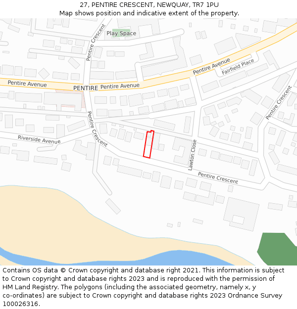 27, PENTIRE CRESCENT, NEWQUAY, TR7 1PU: Location map and indicative extent of plot