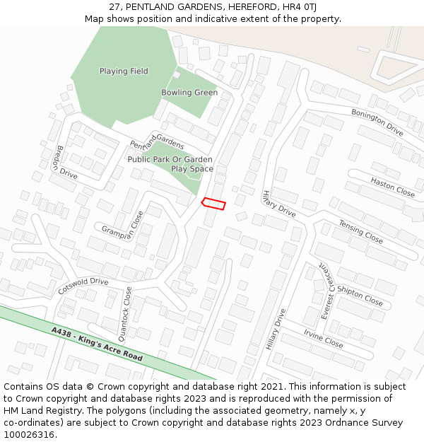 27, PENTLAND GARDENS, HEREFORD, HR4 0TJ: Location map and indicative extent of plot