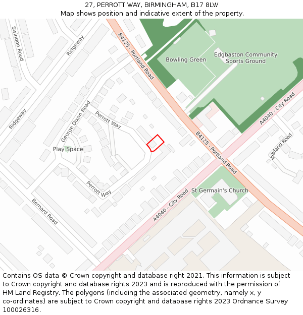 27, PERROTT WAY, BIRMINGHAM, B17 8LW: Location map and indicative extent of plot