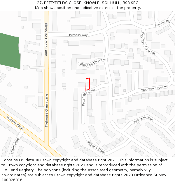 27, PETTYFIELDS CLOSE, KNOWLE, SOLIHULL, B93 9EG: Location map and indicative extent of plot