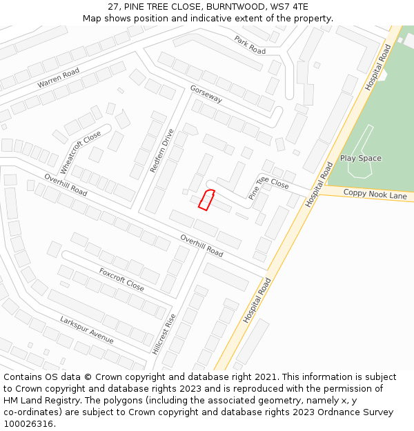 27, PINE TREE CLOSE, BURNTWOOD, WS7 4TE: Location map and indicative extent of plot