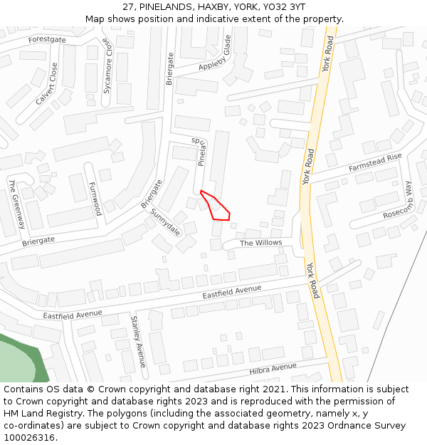 27, PINELANDS, HAXBY, YORK, YO32 3YT: Location map and indicative extent of plot