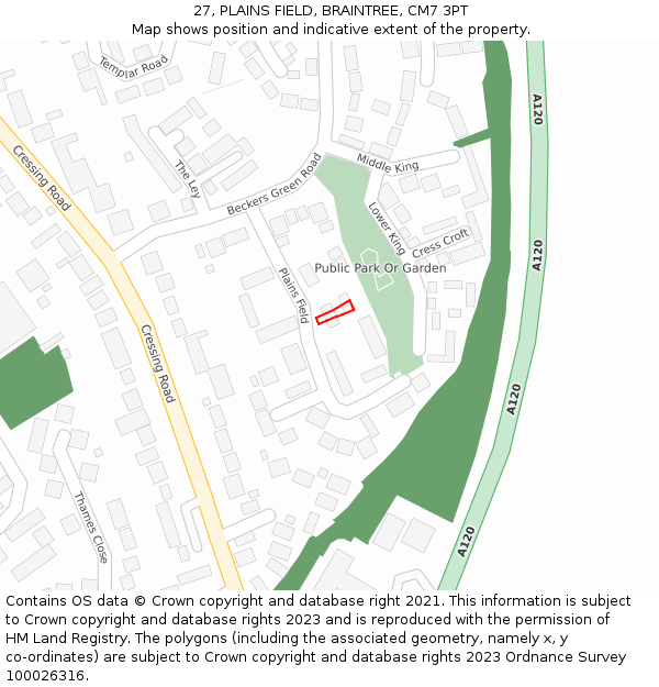 27, PLAINS FIELD, BRAINTREE, CM7 3PT: Location map and indicative extent of plot