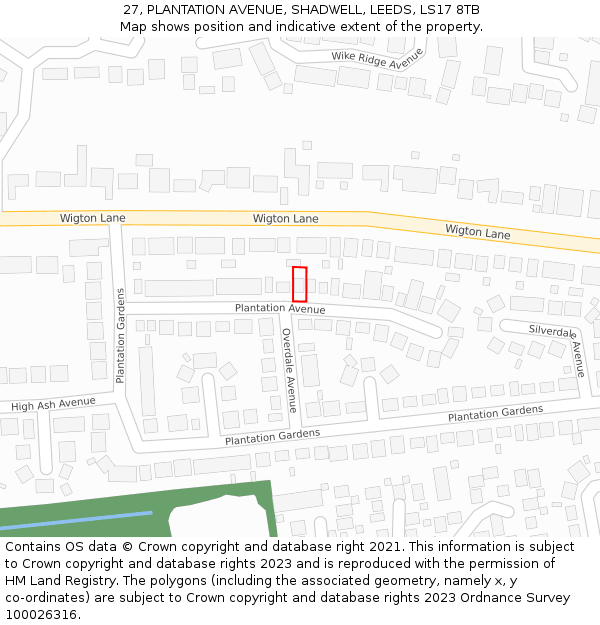 27, PLANTATION AVENUE, SHADWELL, LEEDS, LS17 8TB: Location map and indicative extent of plot