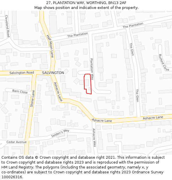 27, PLANTATION WAY, WORTHING, BN13 2AF: Location map and indicative extent of plot