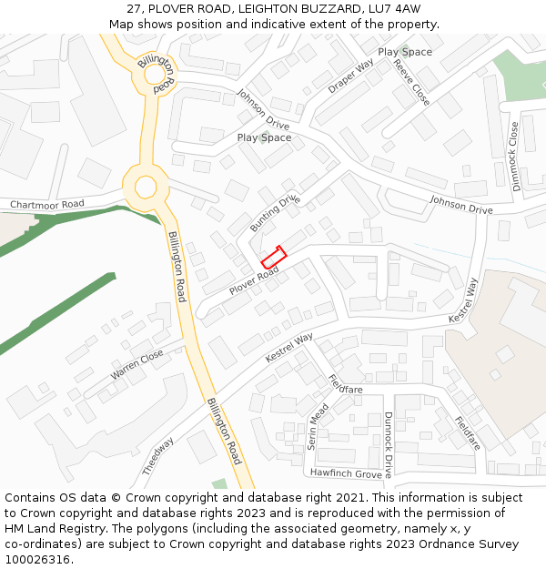 27, PLOVER ROAD, LEIGHTON BUZZARD, LU7 4AW: Location map and indicative extent of plot