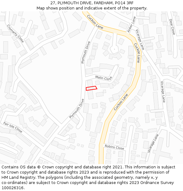 27, PLYMOUTH DRIVE, FAREHAM, PO14 3RF: Location map and indicative extent of plot
