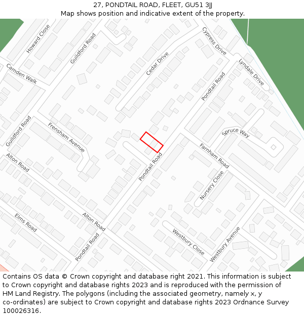 27, PONDTAIL ROAD, FLEET, GU51 3JJ: Location map and indicative extent of plot