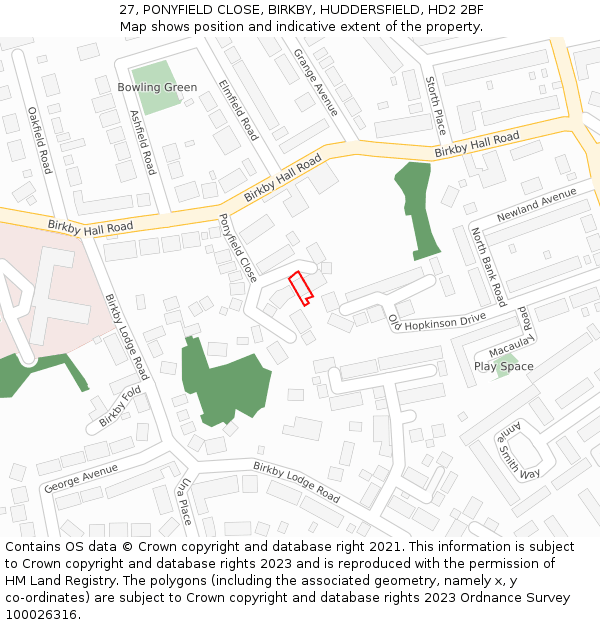 27, PONYFIELD CLOSE, BIRKBY, HUDDERSFIELD, HD2 2BF: Location map and indicative extent of plot