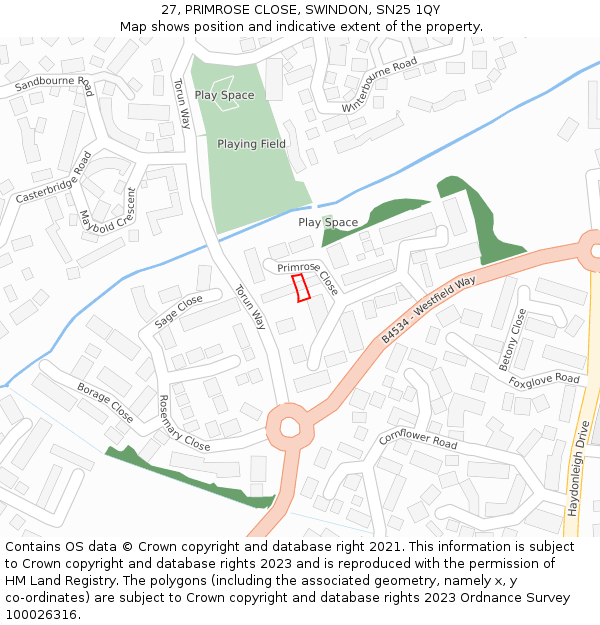 27, PRIMROSE CLOSE, SWINDON, SN25 1QY: Location map and indicative extent of plot