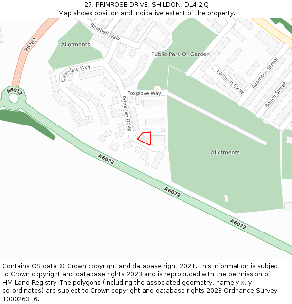 27, PRIMROSE DRIVE, SHILDON, DL4 2JQ: Location map and indicative extent of plot