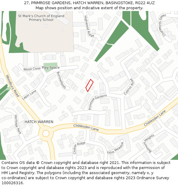 27, PRIMROSE GARDENS, HATCH WARREN, BASINGSTOKE, RG22 4UZ: Location map and indicative extent of plot