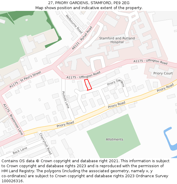 27, PRIORY GARDENS, STAMFORD, PE9 2EG: Location map and indicative extent of plot