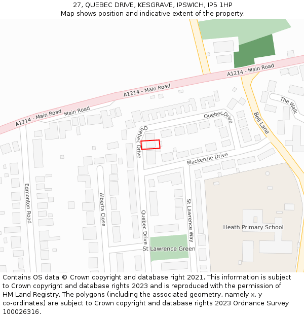 27, QUEBEC DRIVE, KESGRAVE, IPSWICH, IP5 1HP: Location map and indicative extent of plot