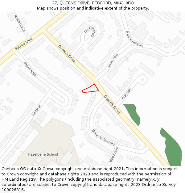27, QUEENS DRIVE, BEDFORD, MK41 9BQ: Location map and indicative extent of plot