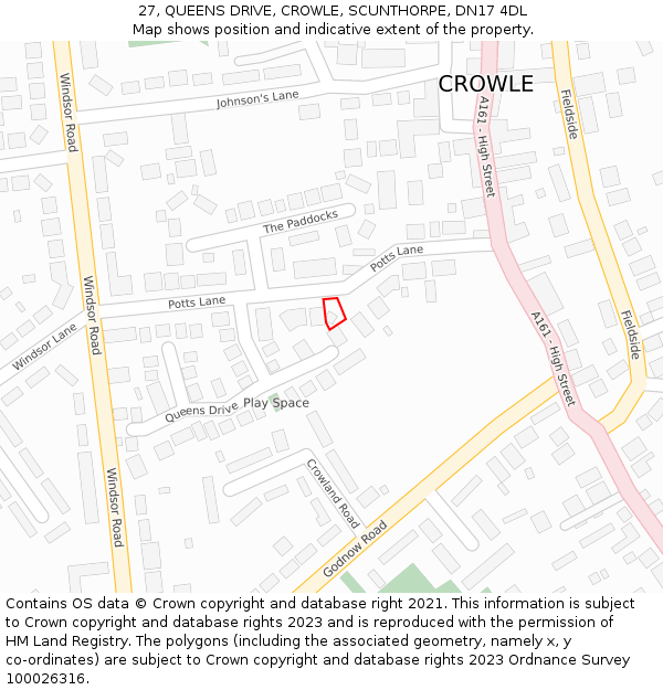 27, QUEENS DRIVE, CROWLE, SCUNTHORPE, DN17 4DL: Location map and indicative extent of plot