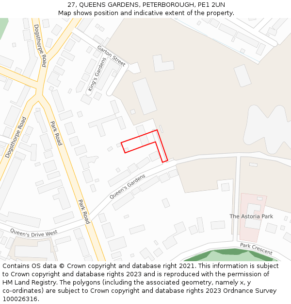 27, QUEENS GARDENS, PETERBOROUGH, PE1 2UN: Location map and indicative extent of plot